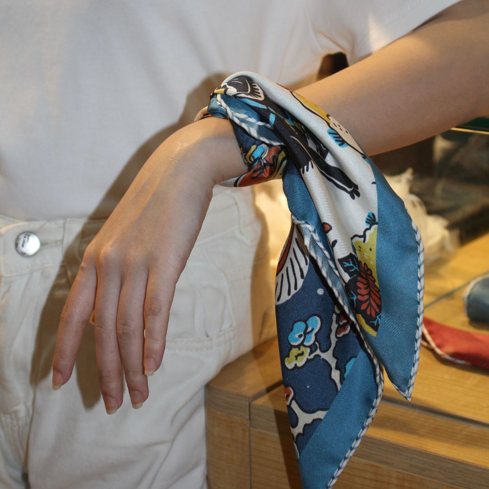 Xmas Square Silk Scarf 45cm - Blue